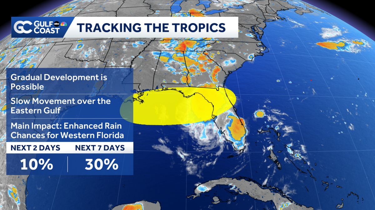 Gulf disturbance's chance for development rise as soaking rain targets our Gulf Coast