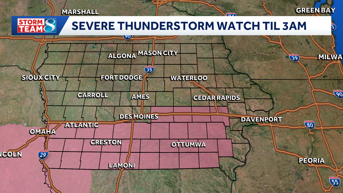 Severe Thunderstorm Watch in effect across southern Iowa until 3:00 a.m.