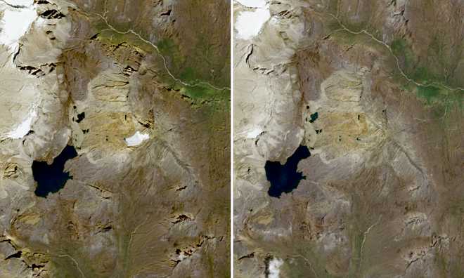 This combination of pictures, created April 16, 2026, shows satellite images obtained from Copernicus Sentinel Data 2026 showing the Cerros de la Plaza glacier (L) with some snow cover Dec. 28, 2015, and without snow cover Feb. 28, 2026, in the Sierra Nevada del Cocuy, northeastern Colombia. Satellite images show how the ice sheet covering the mountain gradually shrank from 2015 until it disappeared in March 2026.