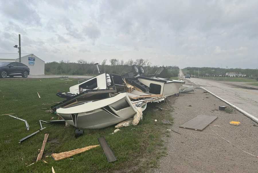 Damage is seen in Hillsdale, Kansas, after tornado-warned storms on April 13, 2026.