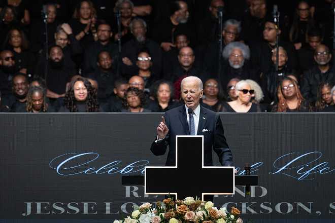CHICAGO, ILLINOIS - MARCH 06: Former President Joe Biden speaks at a celebration of life service for civil rights leader Rev. Jesse Jackson Sr. at the House of Hope arena on March 06, 2026 in Chicago, Illinois. Jackson died on February 17, following a lengthy battle with progressive supranuclear palsy (PSP).  (Photo by Scott Olson/Getty Images)