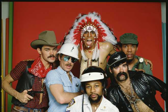 Portrait of the original members of the American disco group The Village People, from left to right: Randy Jones (the cowboy); David Hodo (the construction worker); Felipe Rose (the American Indian); Victor Willis (the cop); Glenn Hughes (the leatherman) and Alexander Briley (the G.I.).