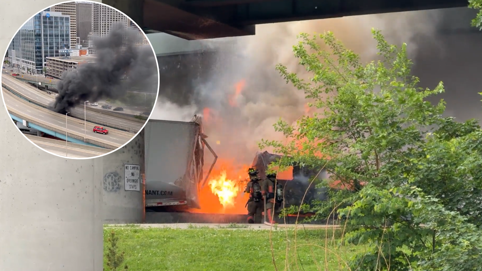 New video shows semi cabin engulfed in flames after crash on I-71 near downtown Cincinnati