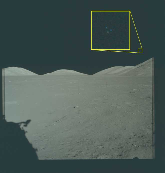 A view from the Apollo 17 lander, with UAPs visible near the lunar horizon.