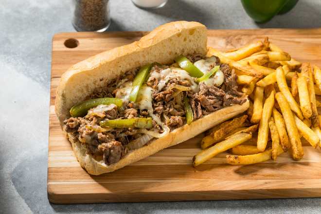 Homemad Philly Cheesesteak Sandwich with Peppers and Onions