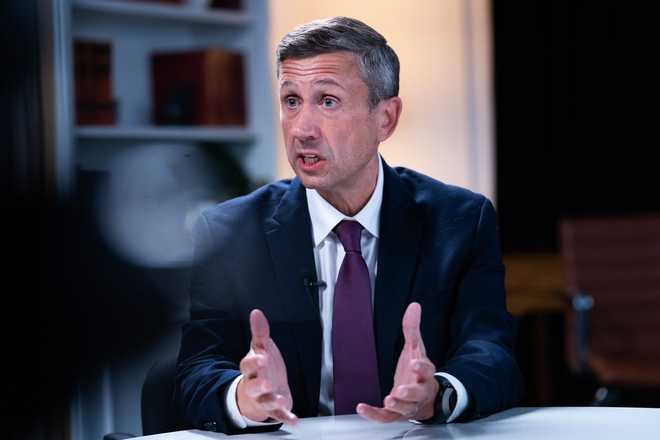 Democratic National Committee chair Ken Martin speaks during an interview with The Associated Press at DNC headquarters, Monday, Jan. 12, 2026, in Washington. (AP Photo/Allison Robbert)