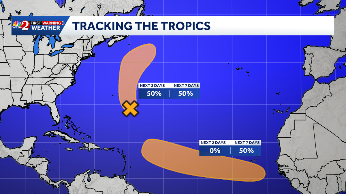 Formation chances up slightly as NHC monitors 2 areas of interest in Atlantic