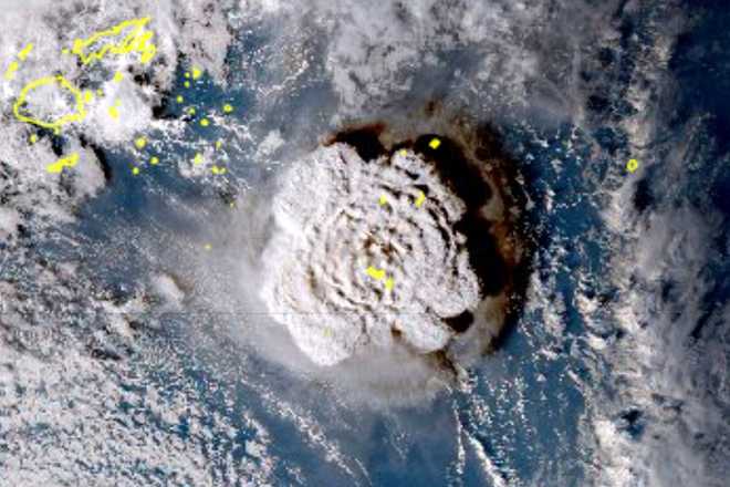 A satellite image of the eruption, which sent a plume of ash, steam and gas nearly 40 miles into the stratosphere.