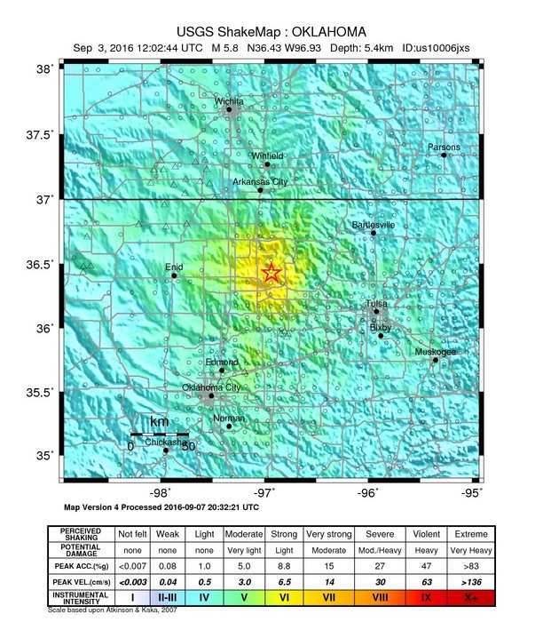 Map showing the Pawnee earthquake epicenter and felt area