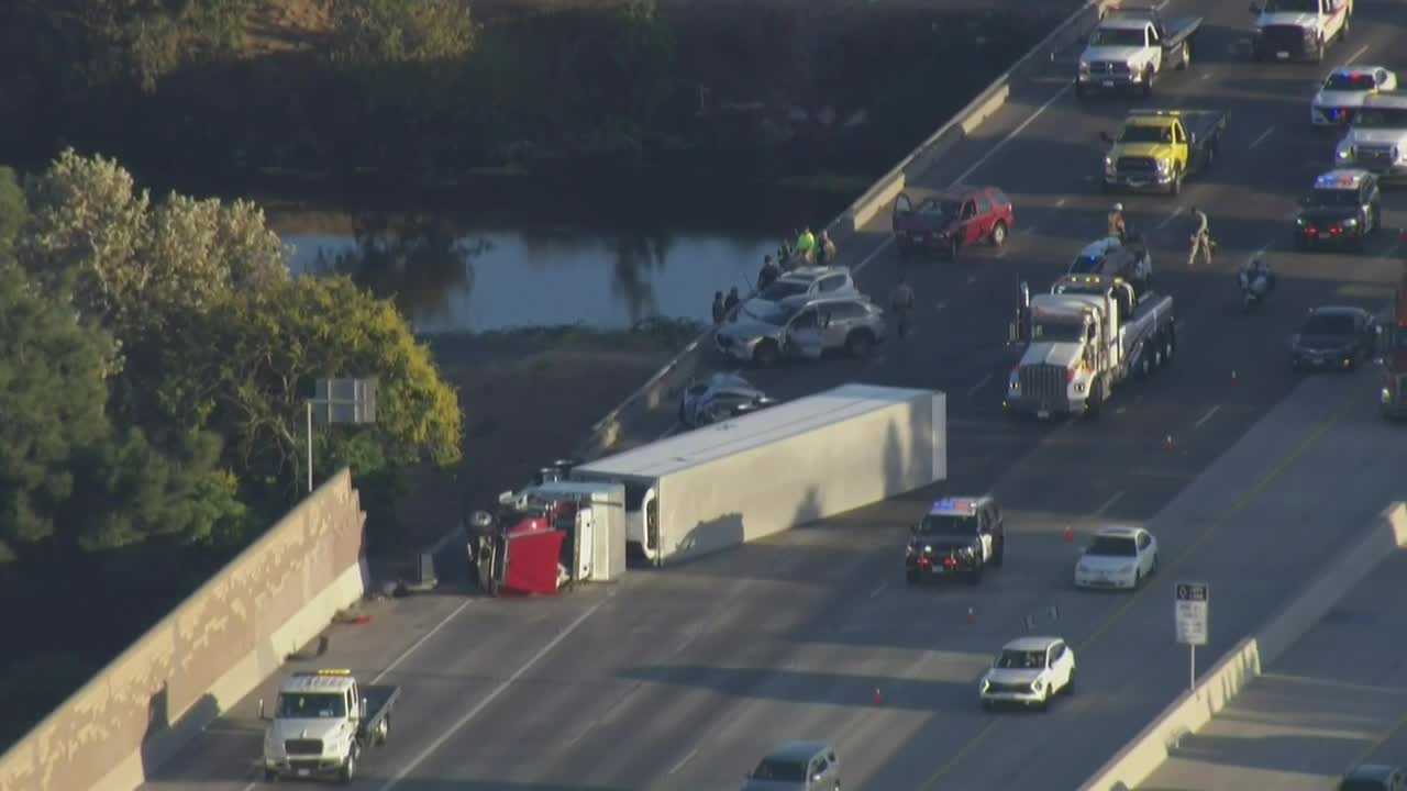 Multiple lanes on I-5 closed due to overturned big rig in Stockton