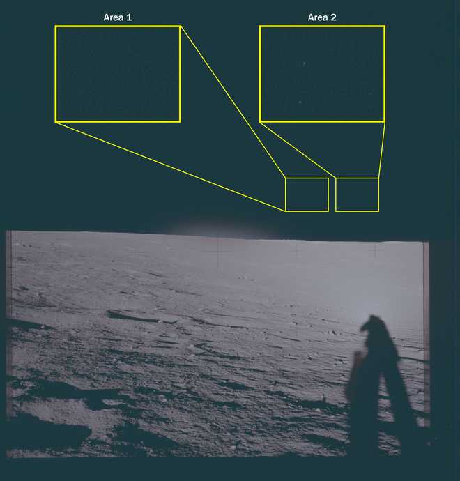 This archival photograph depicts the lunar surface as viewed from the landing site of Apollo 12. This image features two highlighted areas of interest, labeled “Area 1” and “Area 2,” slightly to the right of the vertical axis of the frame, above the horizon, in which unidentified phenomena are visible.