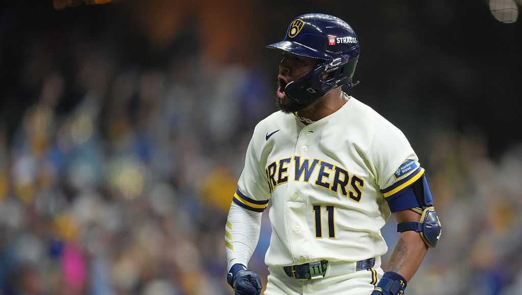 Jackson Chourio celebrating a hit during Brewers vs Padres Game 3