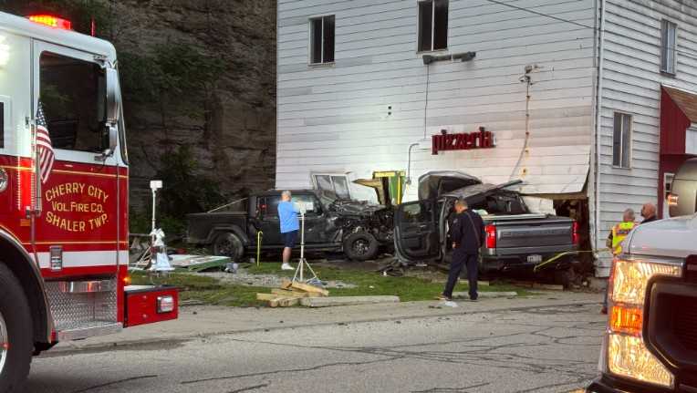Person hospitalized after 2 vehicles crash into Allegheny County pizza shop