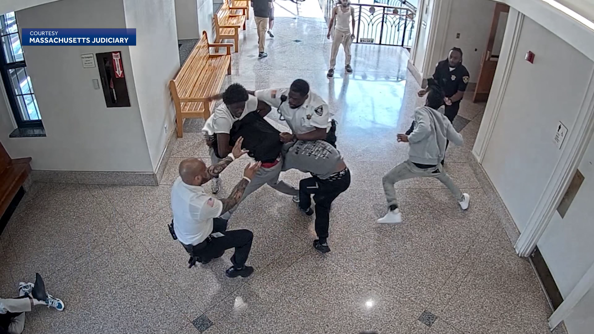 Surveillance video shows courthouse brawl that ends with five arrests