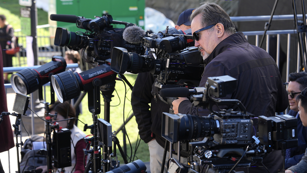 Television networks set up at the National Archives Museum, Friday, Sept. 25, 2026, in Washington.