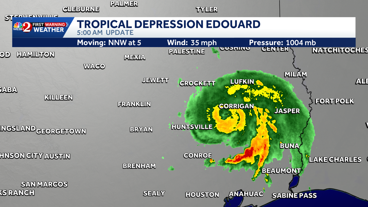 Tropical Depression Edouard spreads gusty winds, heavy rain across southeast Texas, NHC says