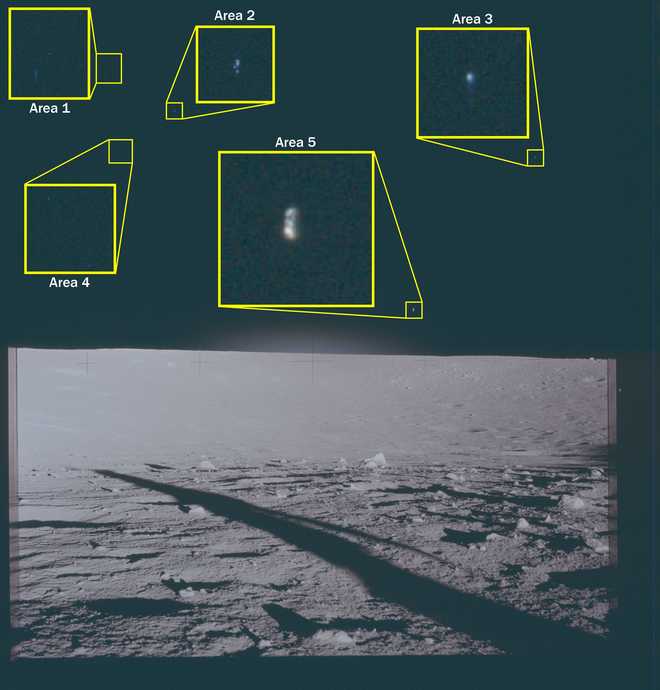 This archival photograph depicts the lunar surface as viewed from the landing site of Apollo 12. This image features five highlighted areas of interest, labeled “Area 1” through “Area 5,” above the horizon, in which unidentified phenomena are visible.