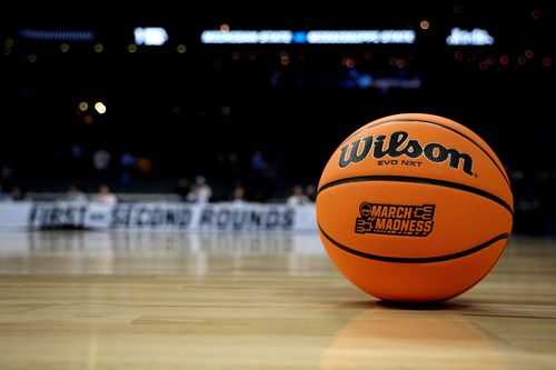 A ball is shown on the court ahead of the 2024 NCAA Tournament. The brackets for the 2026 tournament were revealed on Sunday.