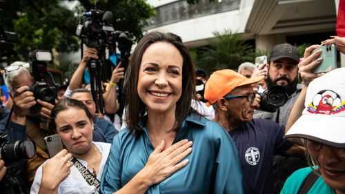 Opposition leader Maria Corina Machado arrives to a rally in Caracas, Venezuela, on June 23, 2023.