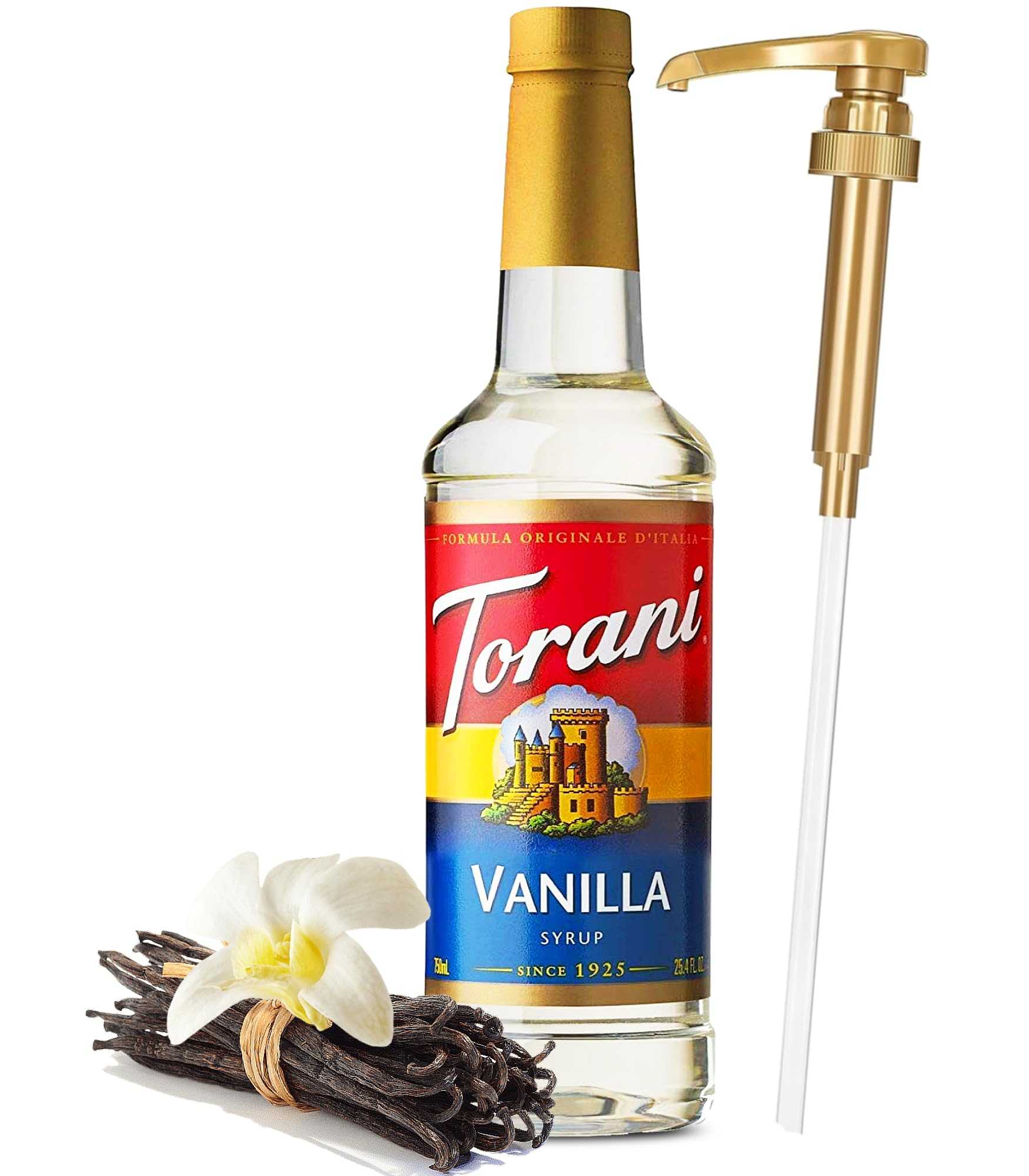 Torani Vanilla Flavored Coffee Syrup with Little Squirt Syrup Pump Dispenser