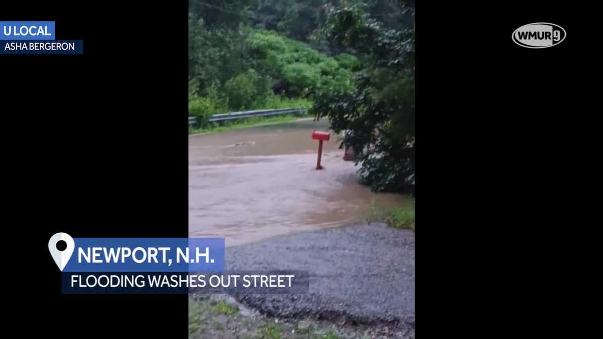 Flooding in Newport, NH washes out street