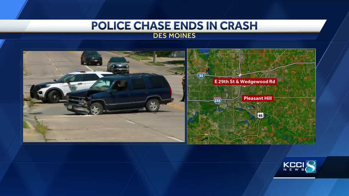 Chase involving stolen car ends in crash in Des Moines