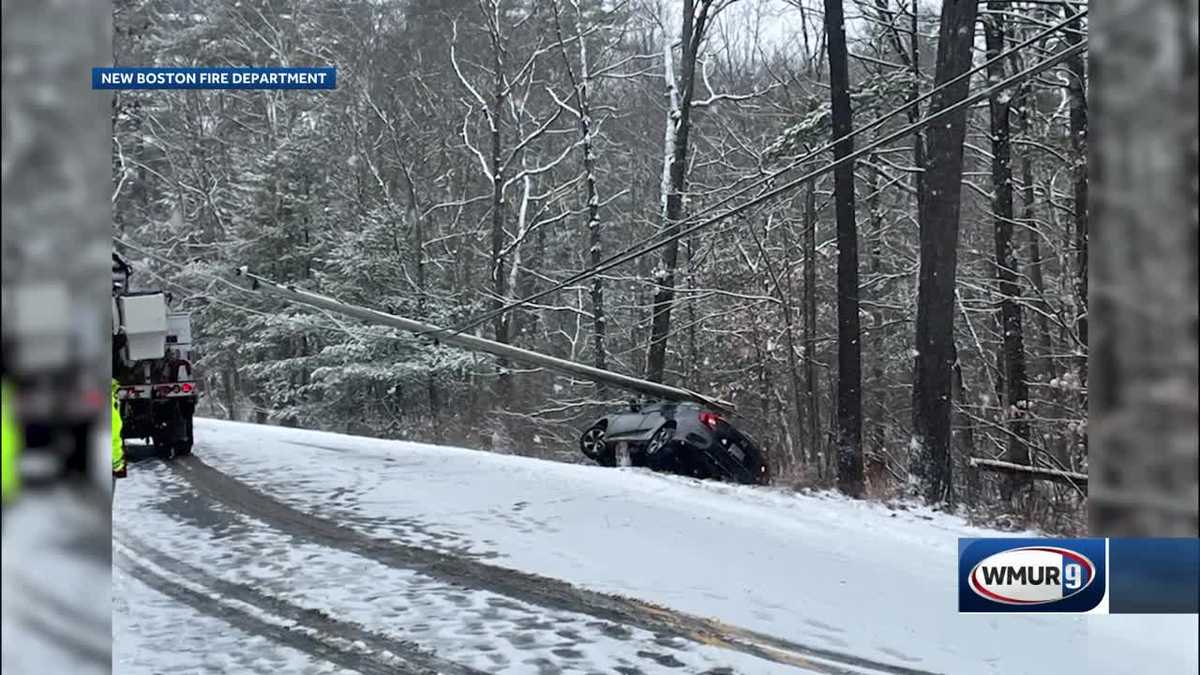 Utility pole falls on vehicle, trapping driver inside after NH crash