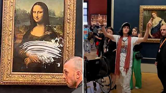 Man in disguise throws cake at glass protecting Mona Lisa