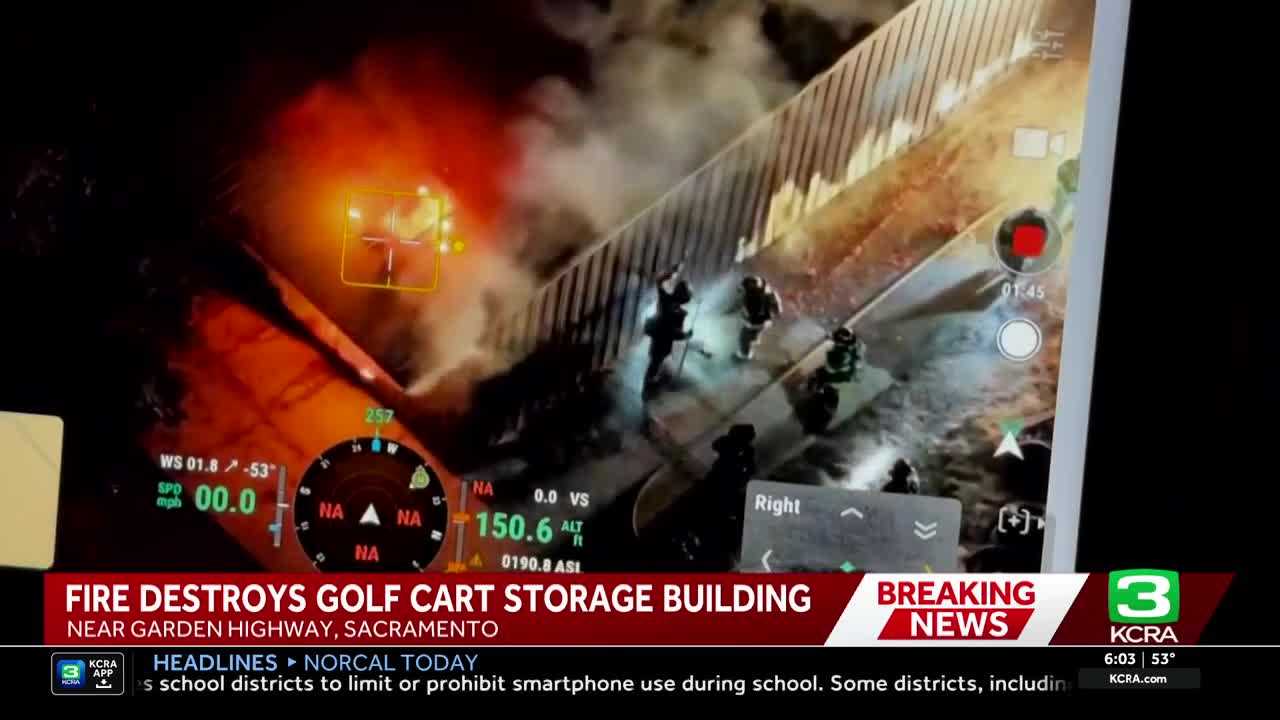 Crews battle shed fire with dozens of golf carts in Sacramento