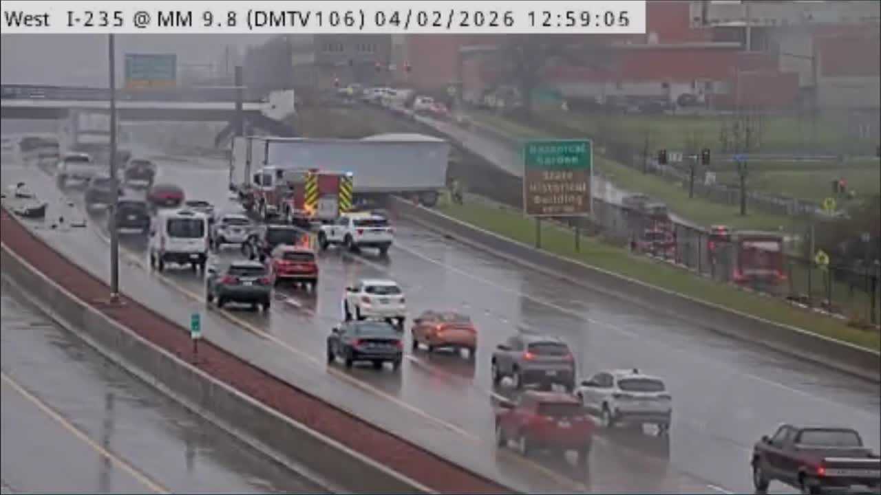 Semi-truck crash slows traffic on Interstate 235