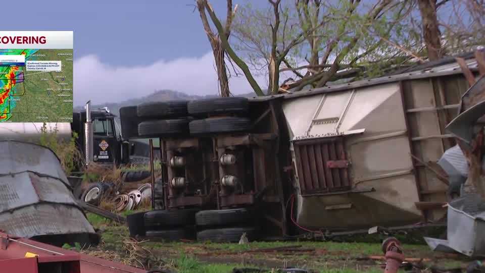 Shredded trees, flipped semi truck lay in wake of severe storms in Iowa