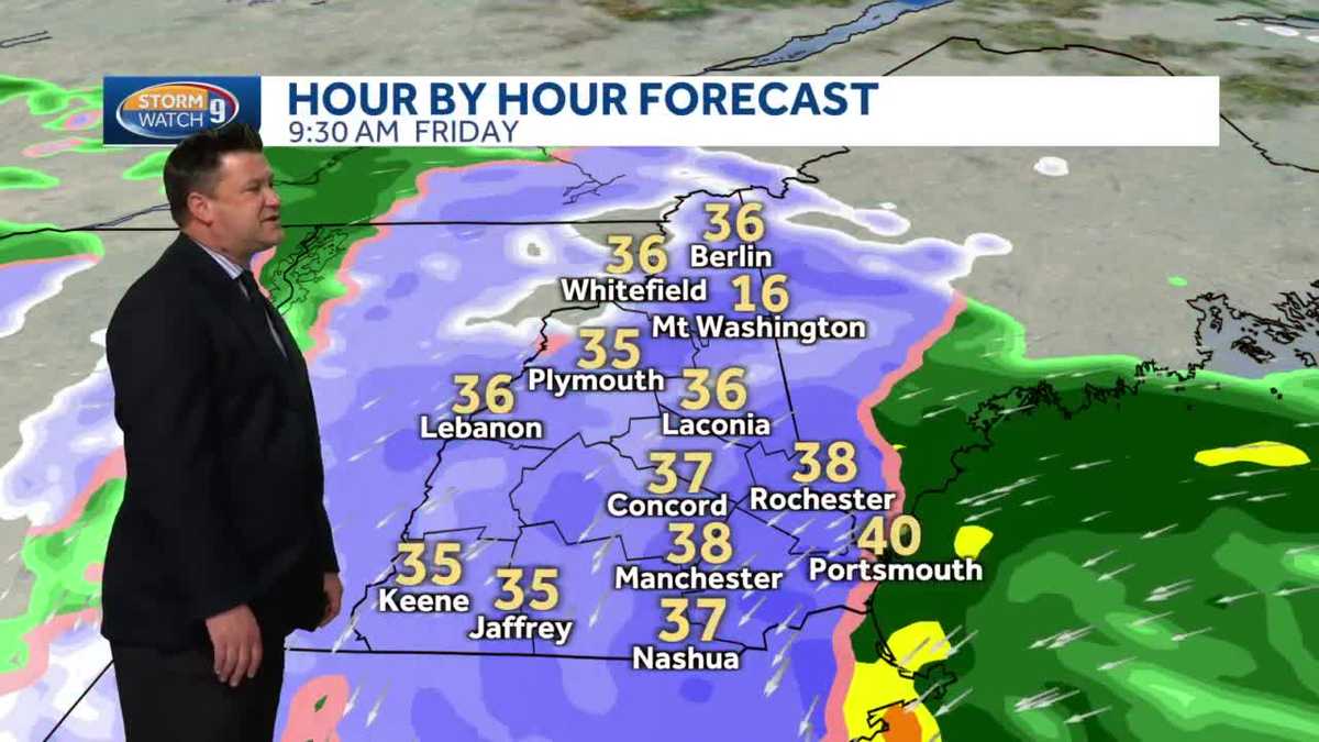 NH hourly storm timeline When snow, rain clears out of area