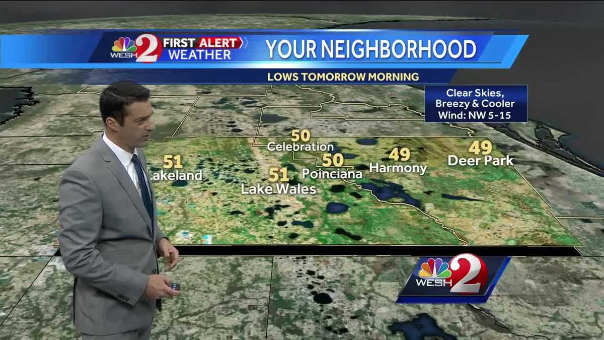 Clear skies, breezy and cooler Tuesday morning