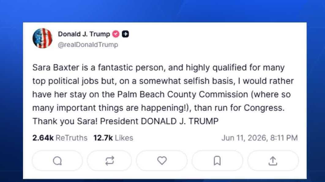 Palm Beach County Mayor Sara Baxter drops congressional bid after call from President Trump