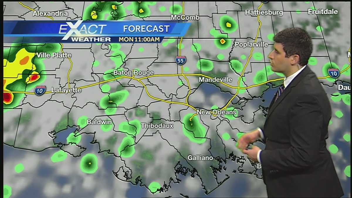 Warm and muggy, with scattered storms today