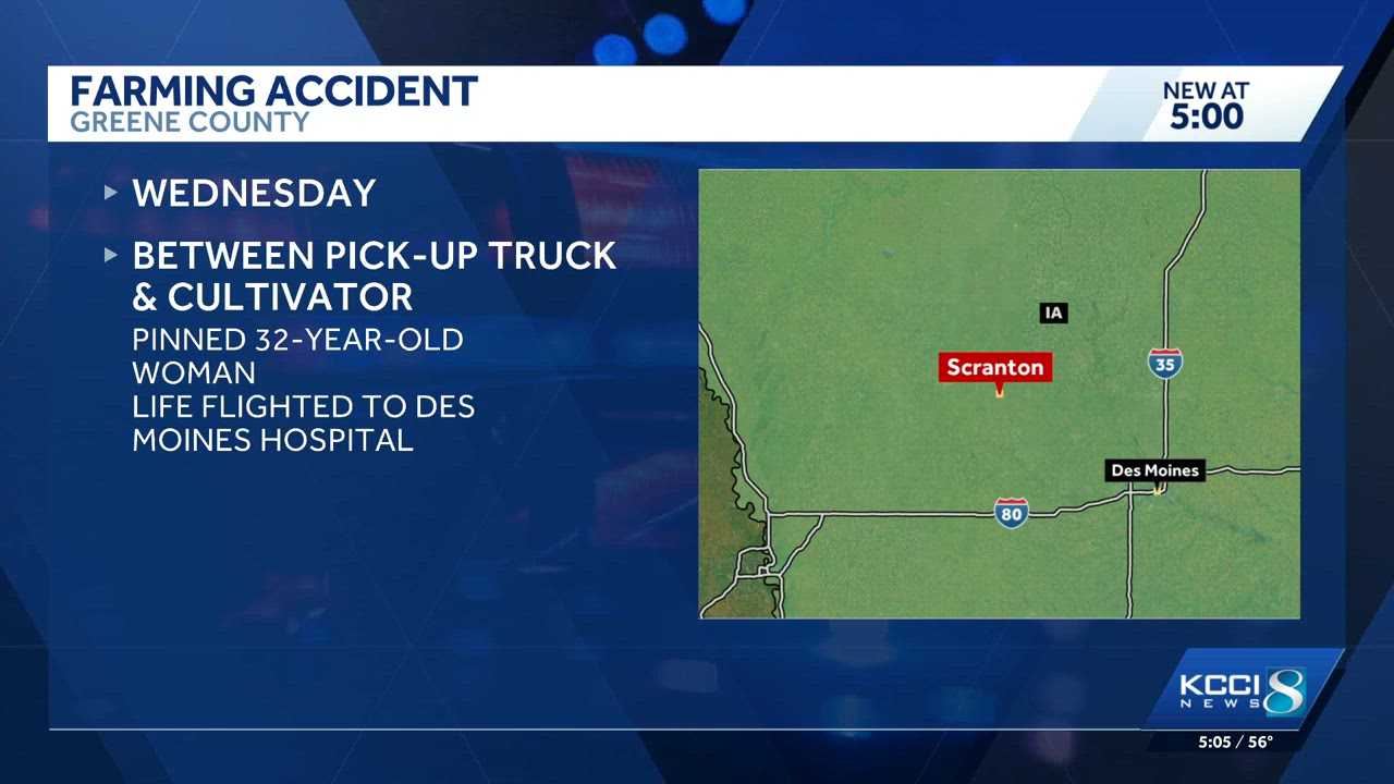 Woman pinned between pickup and cultivator in Greene County farming accident