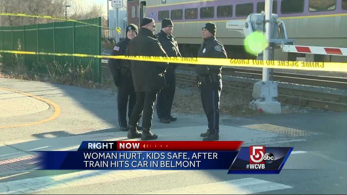Woman injured, kids safe after MBTA commuter rail train hits car