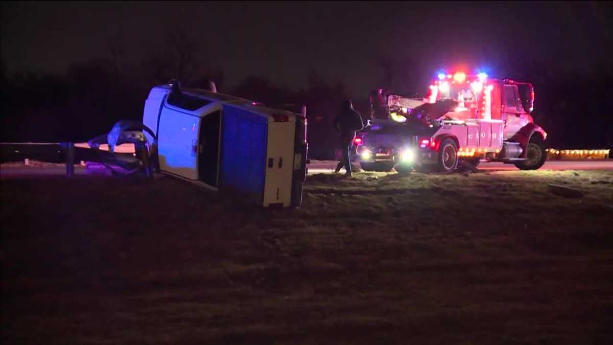 Truck rolls over after crashing into guardrail on I-44 in OKC