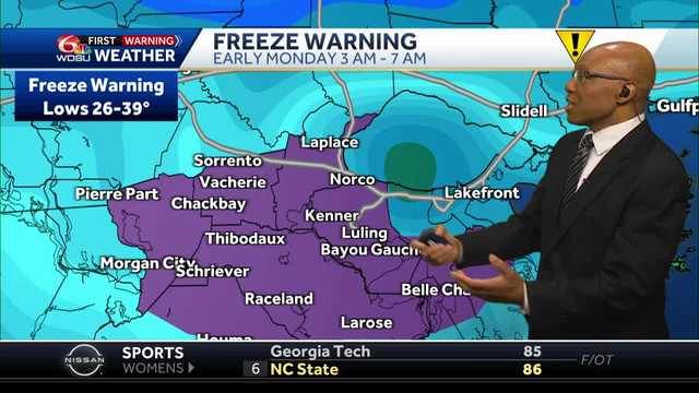 West and South of New Orleans a Freeze Warning 3 AM -7 AM Monday Morning for Portions of the South Shore - Vimarsana News