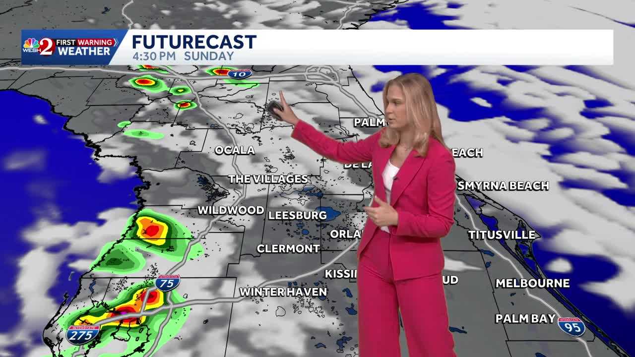 Scattered showers and storms will arrive west of Orlando Sunday afternoon