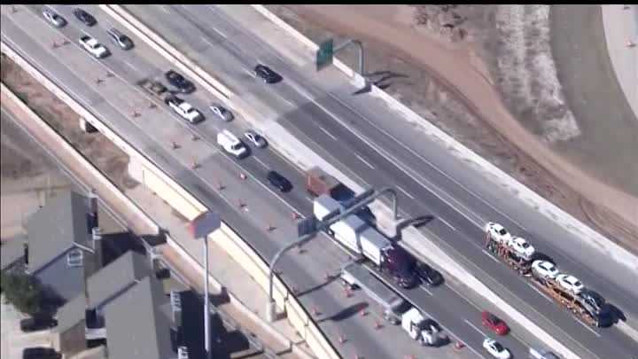 Sky 5 flies over traffic backup on I-35 in Norman