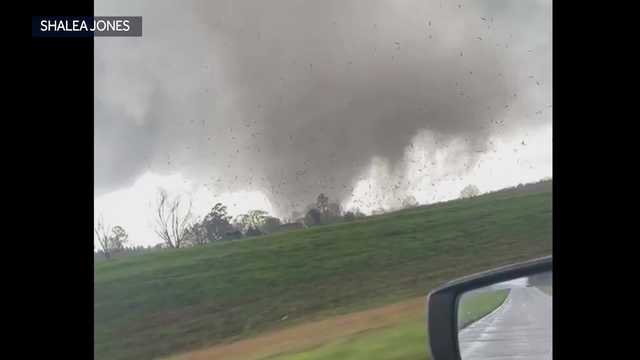 shows apparent tornado on ground near Laurel