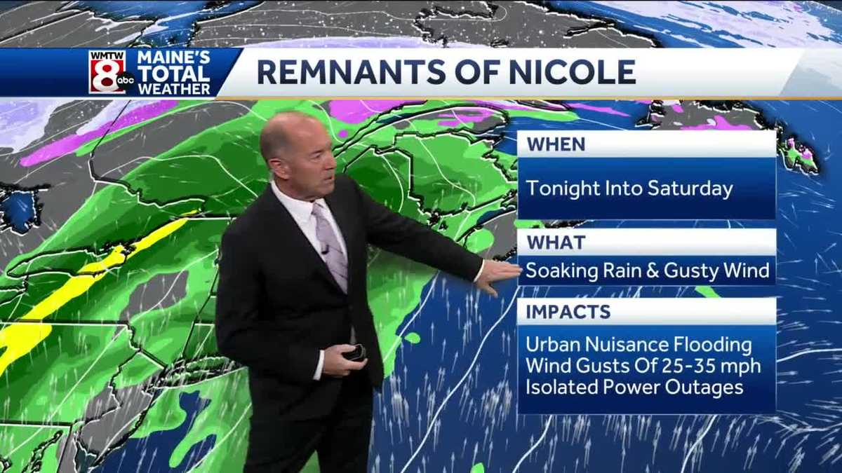 Remnants of Nicole will bring rain and gusty winds tonight