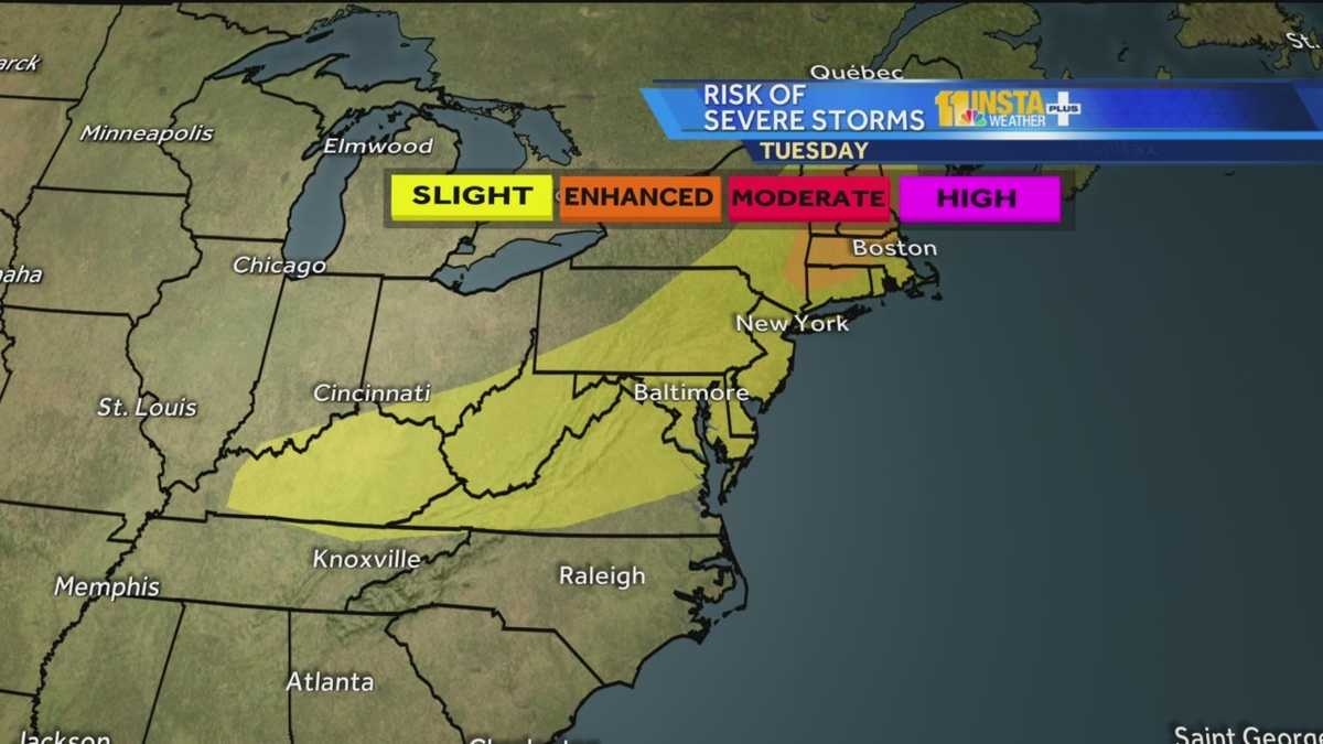 Slight risk for severe storms Tuesday as temps rise into 90s