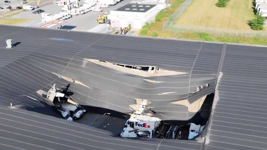 DRONE VIDEO: FedEx roof caves in during severe storms