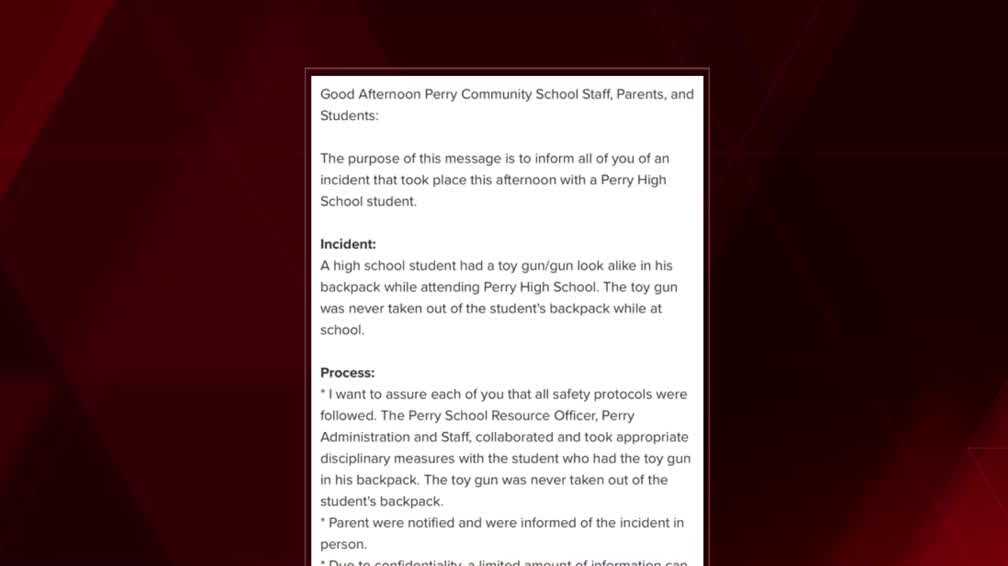 Perry High School student disciplined after bringing fake gun to school, district says