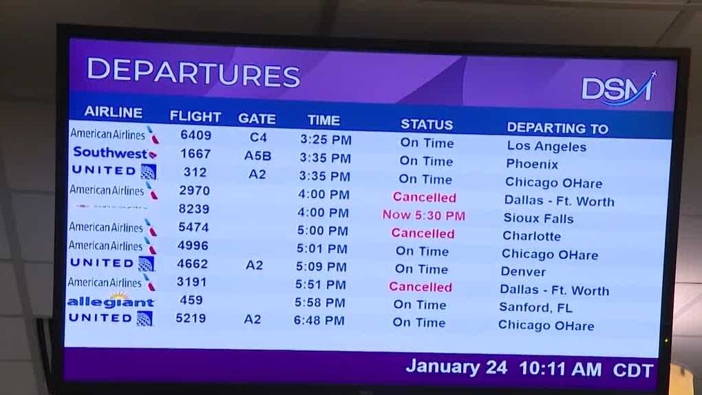 Winter storm impacts flights at Des Moines Airport