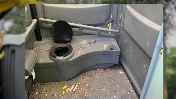illegal fireworks destroy port-a-potty and garbage can in johnston parks