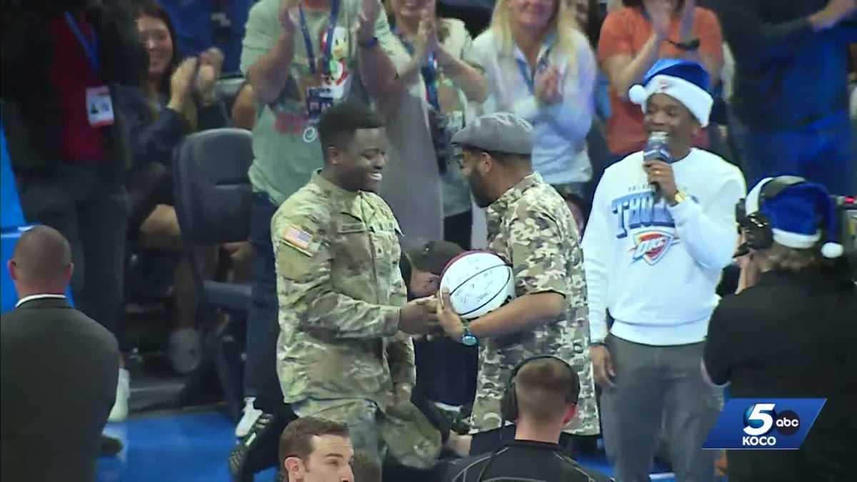 'There he was': Surprise military homecoming brings Christmas miracle to Thunder game