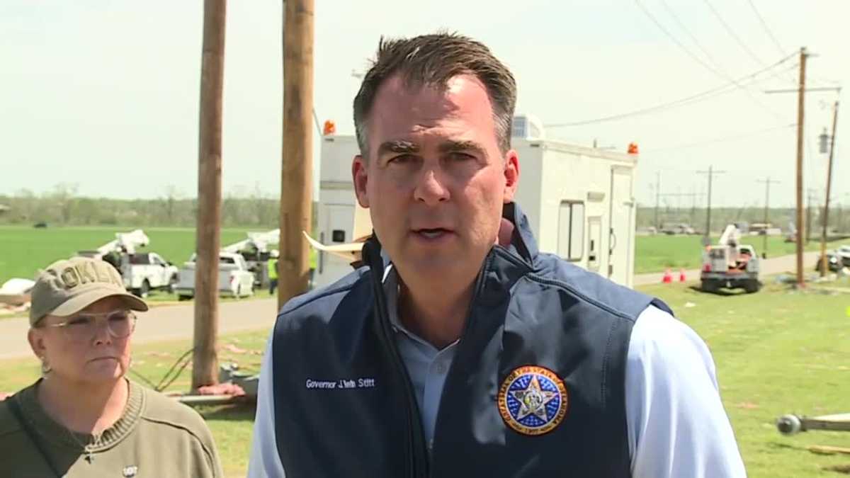 Gov. Kevin Stitt speaks as he tours Oklahoma tornado damage